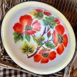 Vintage Floral Enamelware Bowl Farmhouse Cottage Kitchen Retro Metal Basin